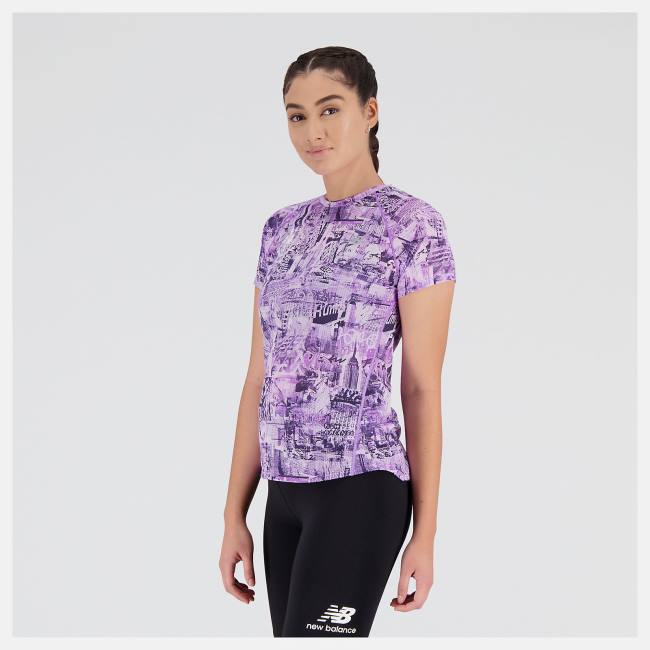 New Balance NYC Marathon Printed Impact Run Korta Sleeve T-shirt Dam Lila | NB859GIW